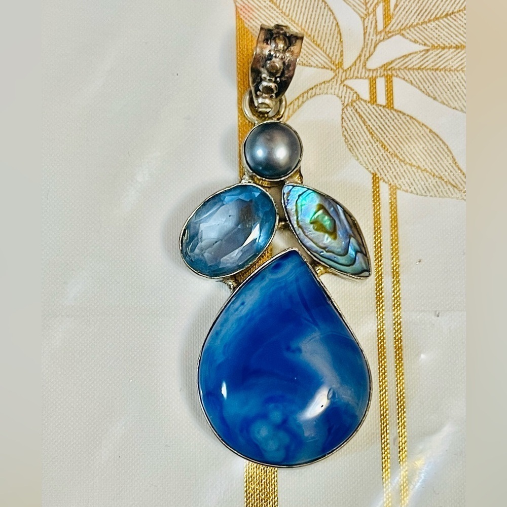 natural Agate abalon and topaz Gemstone handmade silver plated pendant